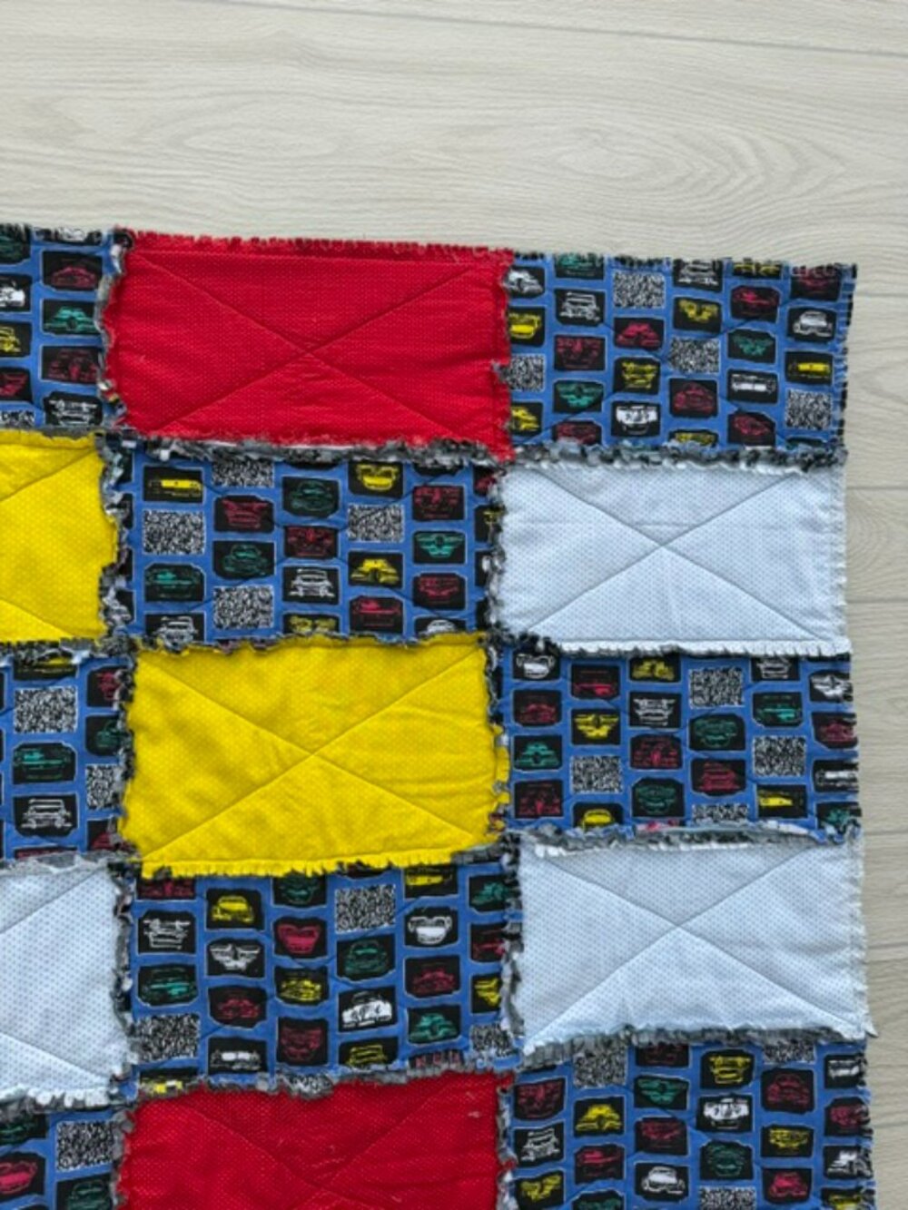 Homemade Small Blue, Red, Yellow & White Rag Quilt/Baby Blanket - Picture 2 of 9